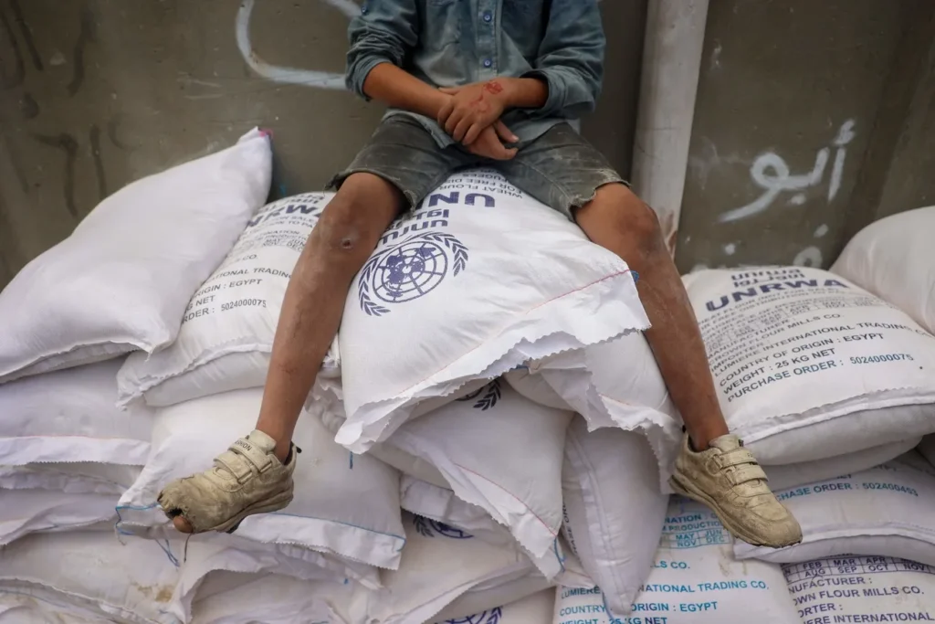 Bambino seduto sopra dei sacchi di viveri dell'ONU